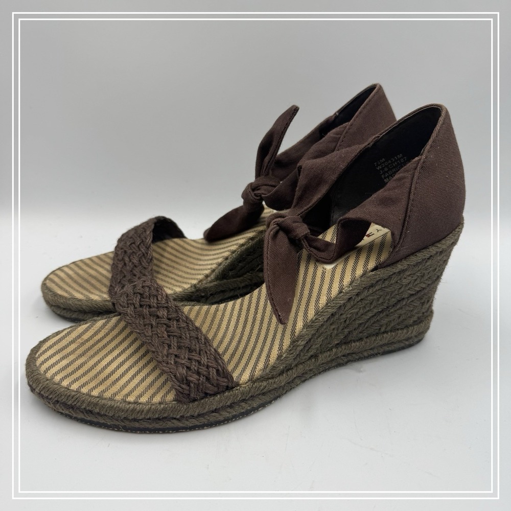Tommy Hilfiger Wedge Sandal Shoes Womens Size 7.5M Open Toe Ankle Tie Wrap Brown